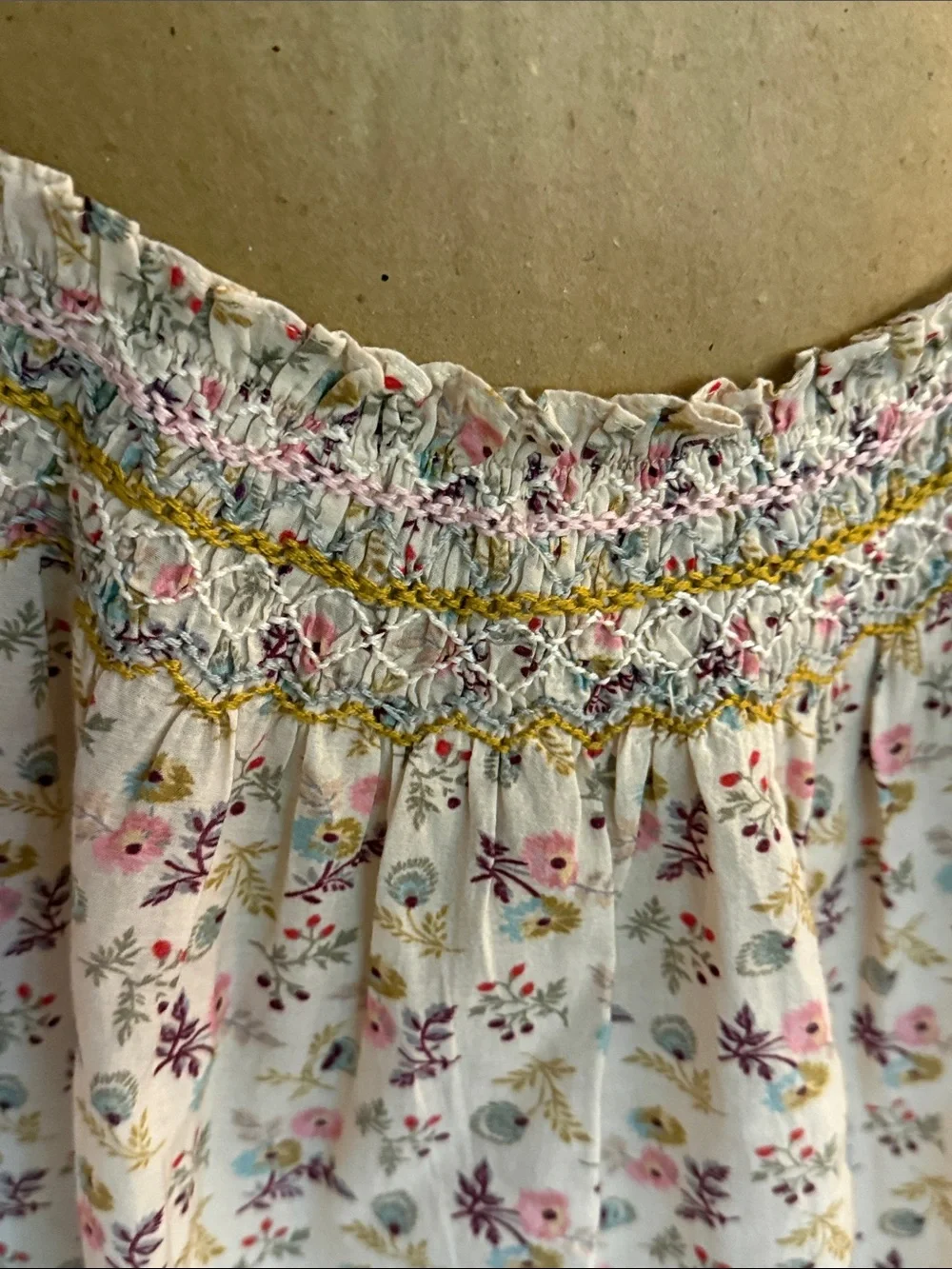Doen Cream Floral Smocked Off-Shoulder Blouse with Pink & Green